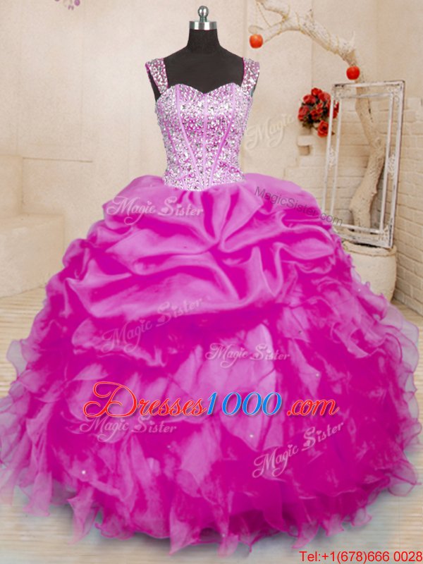 Suitable Fuchsia Organza Lace Up Sweet 16 Dresses Sleeveless Floor Length Beading and Ruffles and Pick Ups