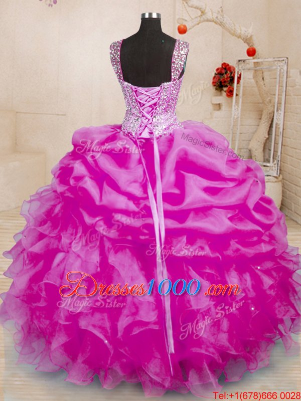 Suitable Fuchsia Organza Lace Up Sweet 16 Dresses Sleeveless Floor Length Beading and Ruffles and Pick Ups