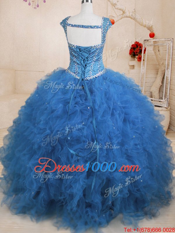 Tulle Straps Cap Sleeves Lace Up Beading and Ruffles and Sequins Quinceanera Gown in Teal