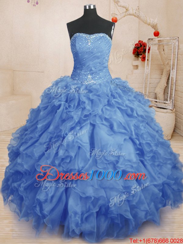 Adorable Blue Strapless Lace Up Beading and Ruffles and Ruching Vestidos de Quinceanera Sleeveless