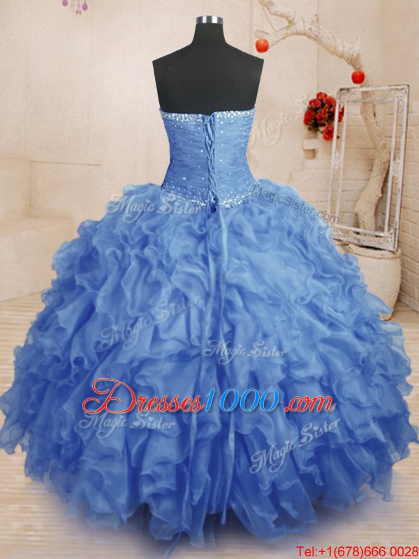 Adorable Blue Strapless Lace Up Beading and Ruffles and Ruching Vestidos de Quinceanera Sleeveless