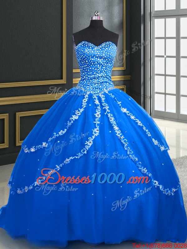 Trendy Tulle Sweetheart Sleeveless Brush Train Lace Up Beading and Appliques Quinceanera Dress in Blue