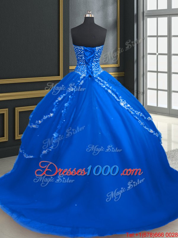 Trendy Tulle Sweetheart Sleeveless Brush Train Lace Up Beading and Appliques Quinceanera Dress in Blue