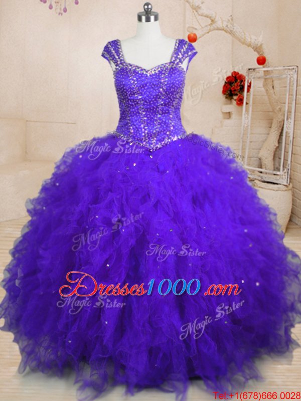Best Floor Length Purple Sweet 16 Dress Tulle Cap Sleeves Beading and Ruffles and Sequins