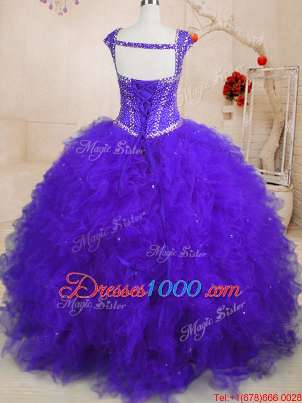Best Floor Length Purple Sweet 16 Dress Tulle Cap Sleeves Beading and Ruffles and Sequins
