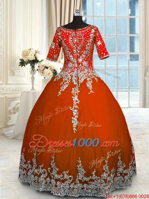 Luxury Ball Gowns Quince Ball Gowns Orange Red V-neck Tulle Half Sleeves Floor Length Zipper