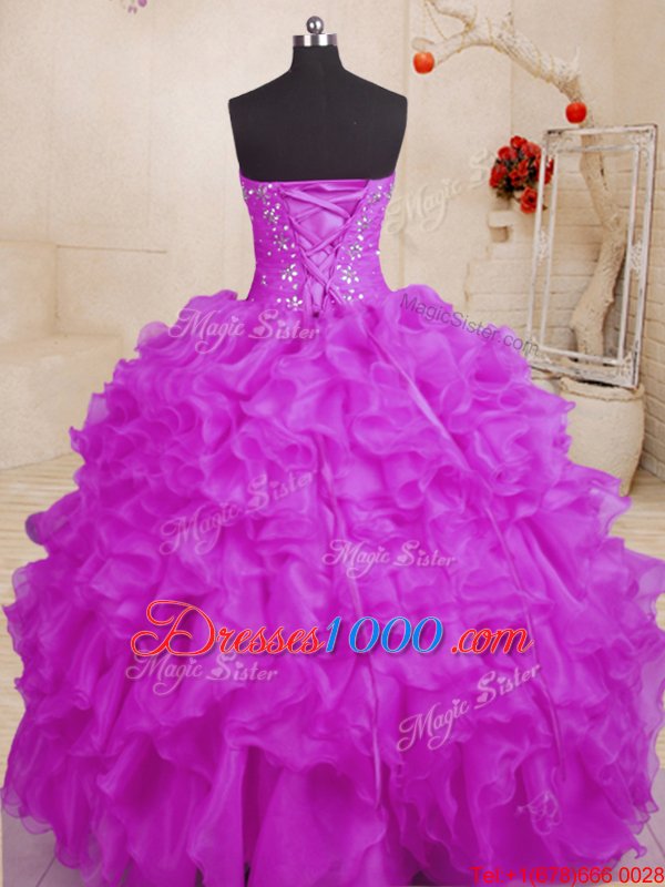 Purple Ball Gowns Sweetheart Sleeveless Organza Floor Length Lace Up Beading and Ruffles Sweet 16 Dress