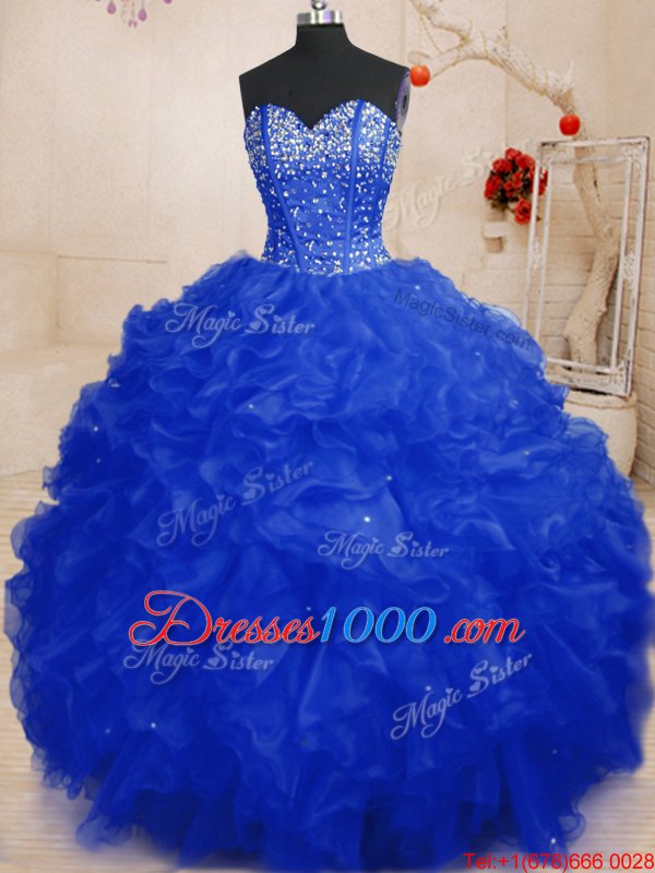 Fashionable Royal Blue Sleeveless Organza Lace Up Quince Ball Gowns for Military Ball and Sweet 16 and Quinceanera