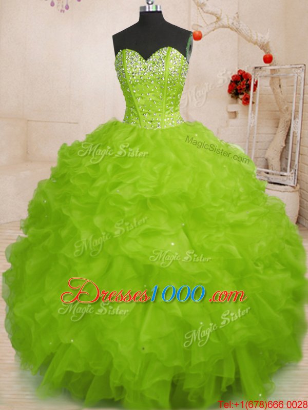 Sleeveless Floor Length Beading and Ruffles Lace Up Ball Gown Prom Dress with