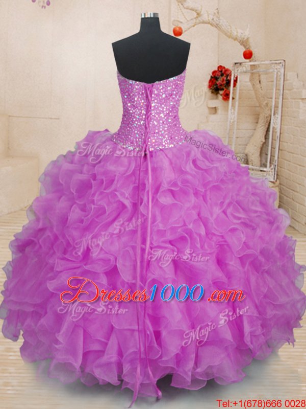 Fuchsia Organza Lace Up Sweet 16 Quinceanera Dress Sleeveless Floor Length Beading and Ruffles