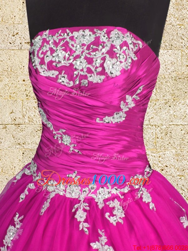 Colorful Fuchsia Sleeveless Floor Length Appliques and Ruching Lace Up Quince Ball Gowns