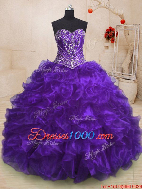 Custom Designed Purple Lace Up Ball Gown Prom Dress Beading and Ruffles Sleeveless With Train Sweep Train