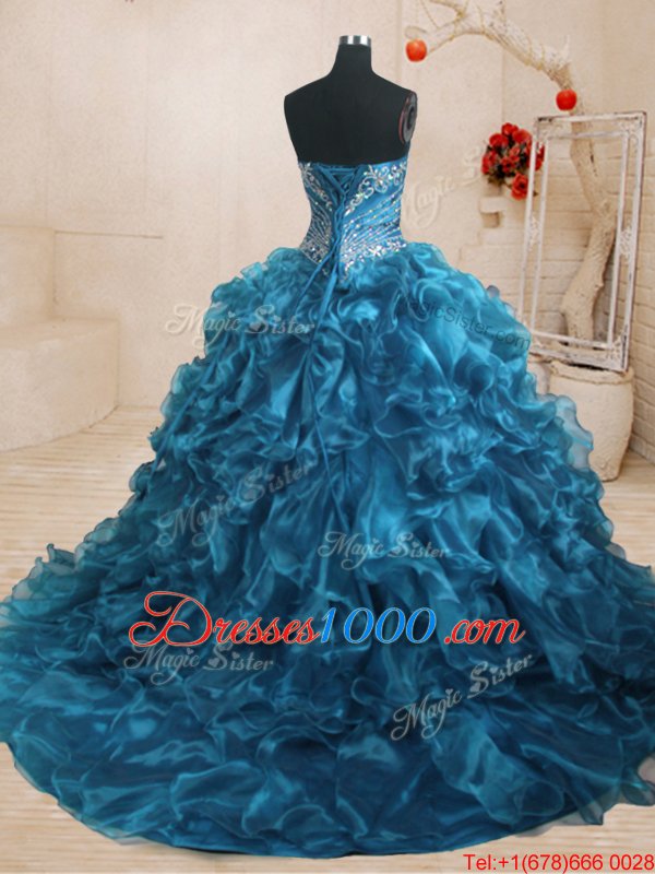 Hot Selling Blue Organza Lace Up Quince Ball Gowns Sleeveless With Train Sweep Train Beading and Ruffles