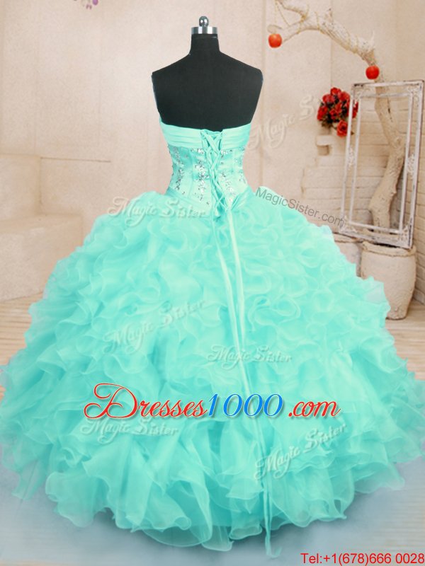Glamorous Organza Sweetheart Sleeveless Lace Up Beading and Ruffles Vestidos de Quinceanera in Turquoise