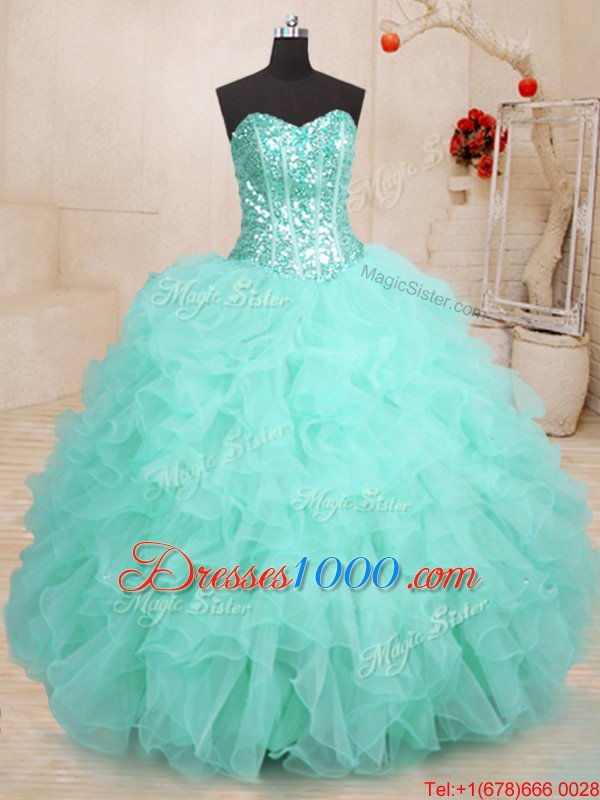 Luxurious Beading and Ruffles Quinceanera Gown Apple Green Lace Up Sleeveless Floor Length
