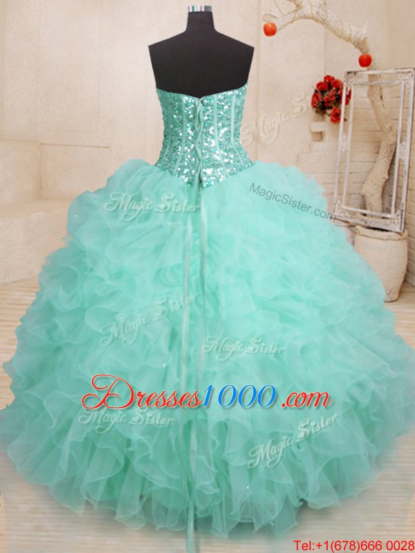 Luxurious Beading and Ruffles Quinceanera Gown Apple Green Lace Up Sleeveless Floor Length