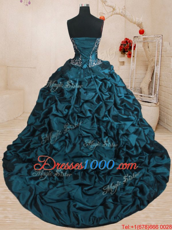Classical Sweetheart Sleeveless Organza and Taffeta Sweet 16 Quinceanera Dress Beading and Appliques and Ruffled Layers and Pick Ups Sweep Train Lace Up