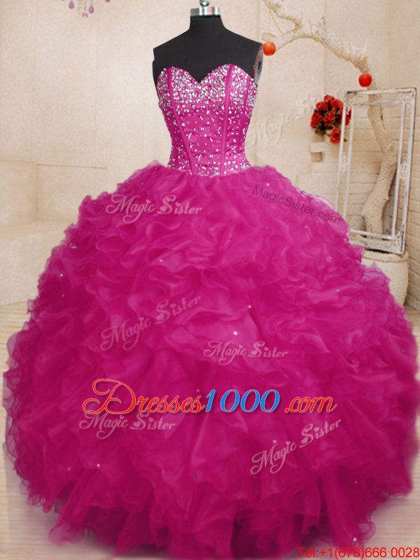Fuchsia Lace Up Sweetheart Beading and Ruffles 15th Birthday Dress Organza Sleeveless