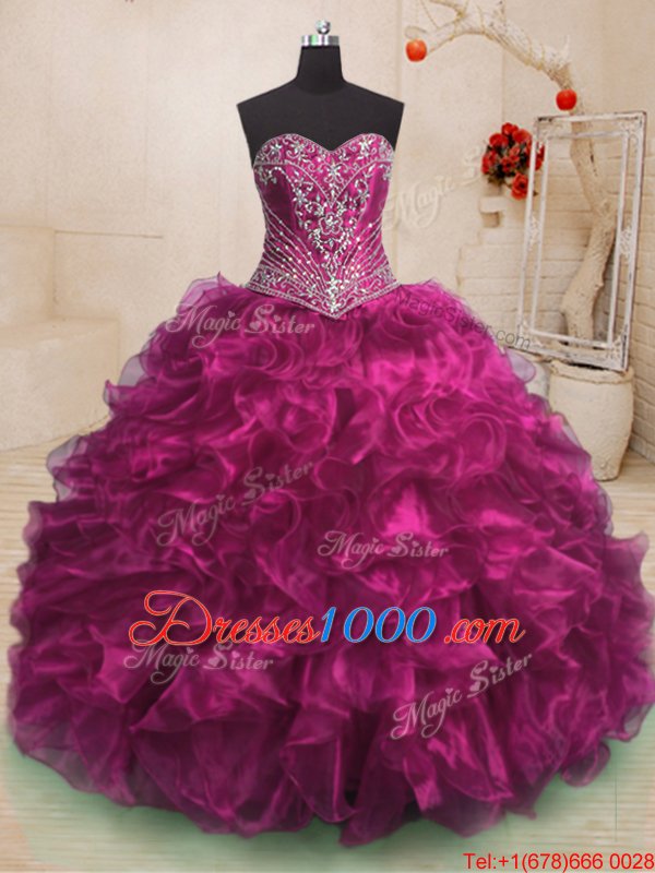 Sleeveless Organza With Train Sweep Train Lace Up Sweet 16 Dresses in Fuchsia for with Beading and Ruffles