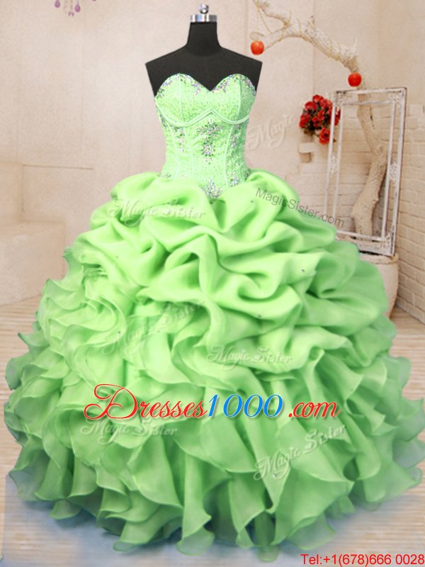Captivating Yellow Green Organza Lace Up Sweet 16 Dresses Sleeveless Floor Length Beading and Ruffles and Pick Ups