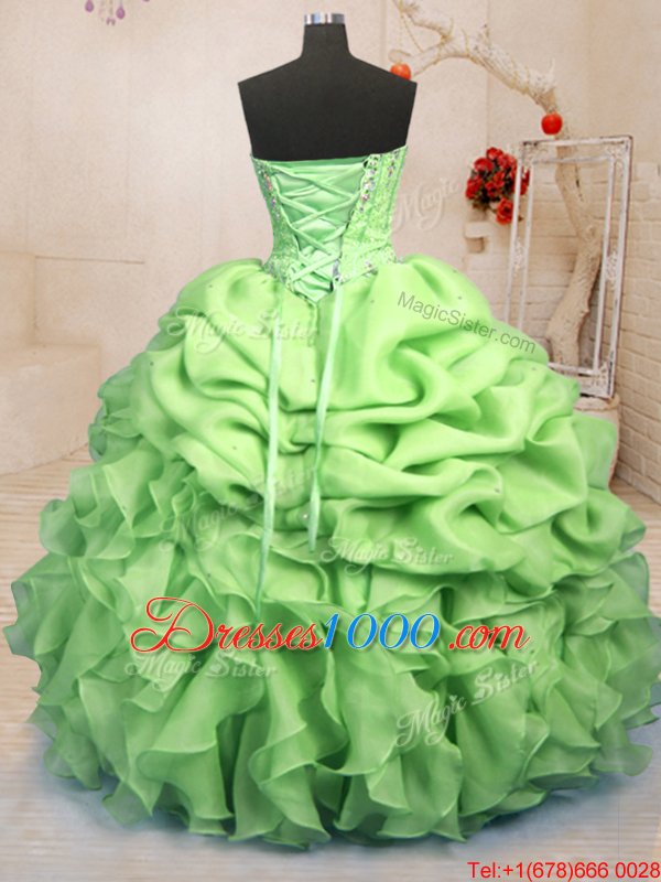 Captivating Yellow Green Organza Lace Up Sweet 16 Dresses Sleeveless Floor Length Beading and Ruffles and Pick Ups