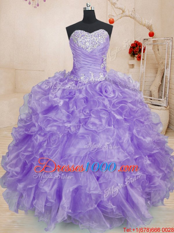 Cute Lavender Lace Up Sweetheart Beading and Ruffles Sweet 16 Dresses Organza Sleeveless