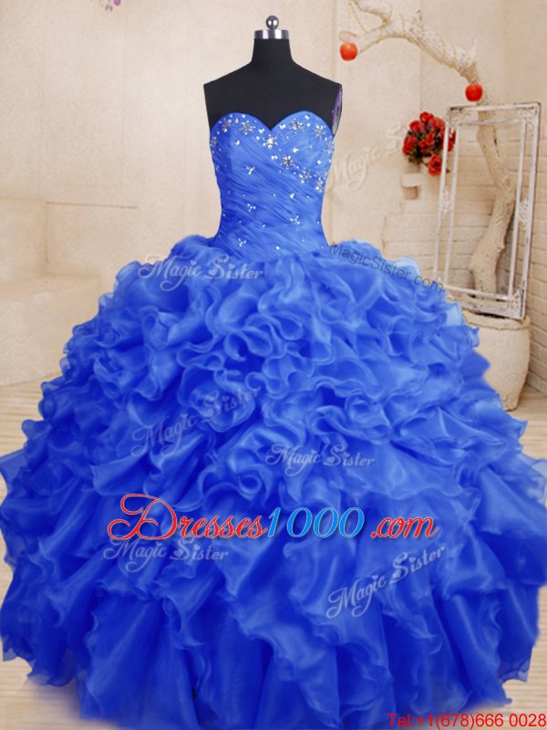 Royal Blue Sweetheart Neckline Beading and Ruffles 15 Quinceanera Dress Sleeveless Lace Up