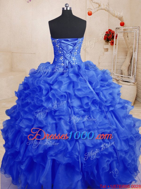 Royal Blue Sweetheart Neckline Beading and Ruffles 15 Quinceanera Dress Sleeveless Lace Up