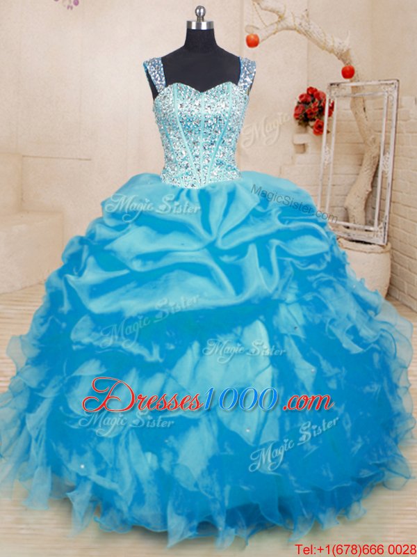 Great Baby Blue Sleeveless Beading and Ruffles and Pick Ups Floor Length Ball Gown Prom Dress