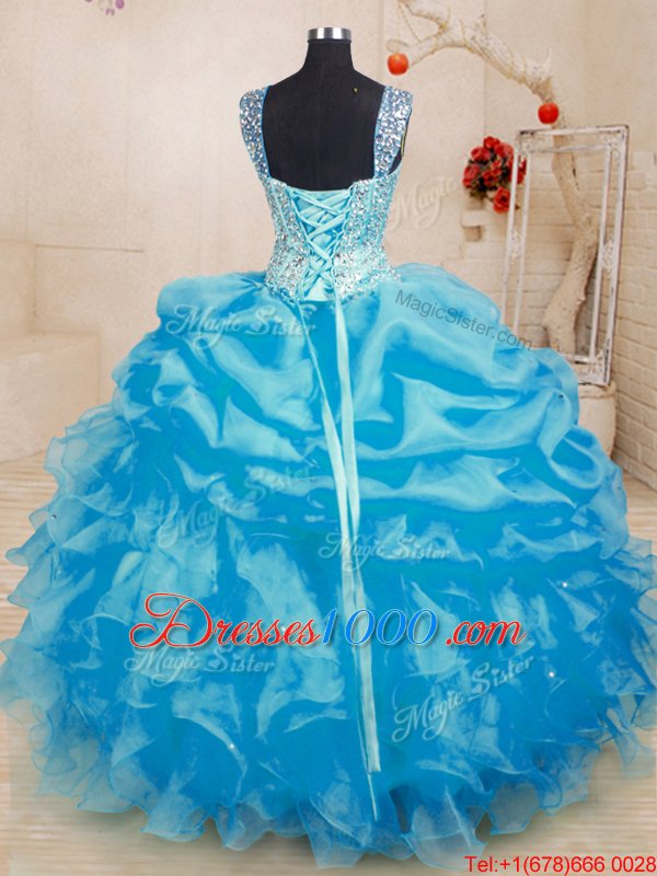 Great Baby Blue Sleeveless Beading and Ruffles and Pick Ups Floor Length Ball Gown Prom Dress