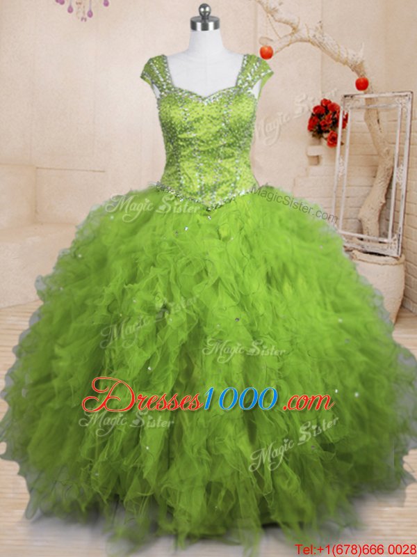 Fashionable Olive Green Short Sleeves Beading and Ruffles Floor Length Quinceanera Gown