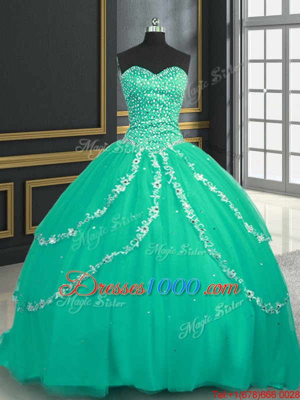Tulle Sweetheart Sleeveless Brush Train Lace Up Beading and Appliques Ball Gown Prom Dress in Turquoise