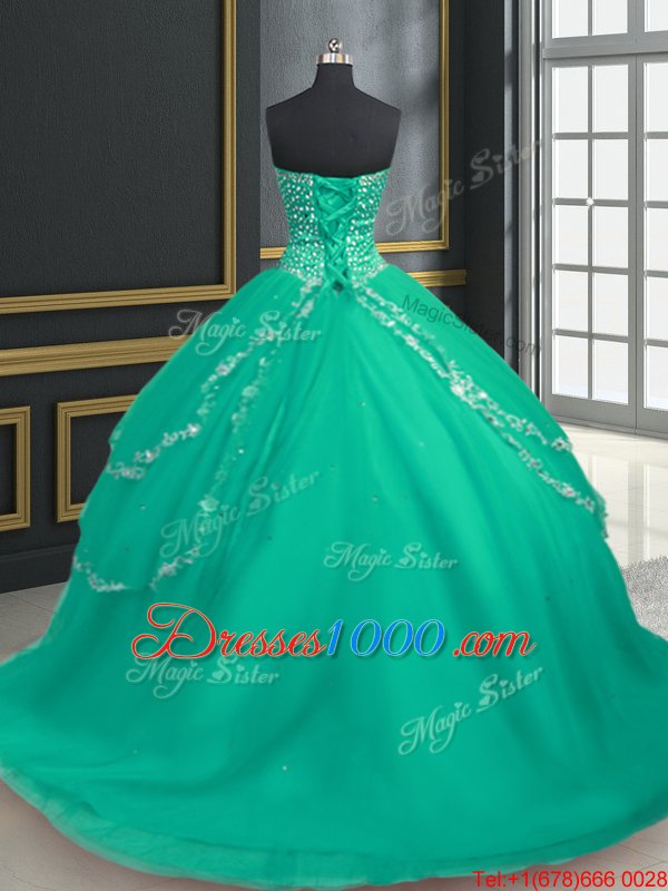 Tulle Sweetheart Sleeveless Brush Train Lace Up Beading and Appliques Ball Gown Prom Dress in Turquoise