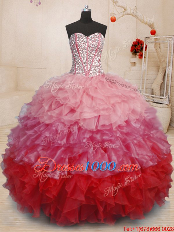 Sleeveless Floor Length Beading and Ruffles Lace Up Quinceanera Dress with Multi-color