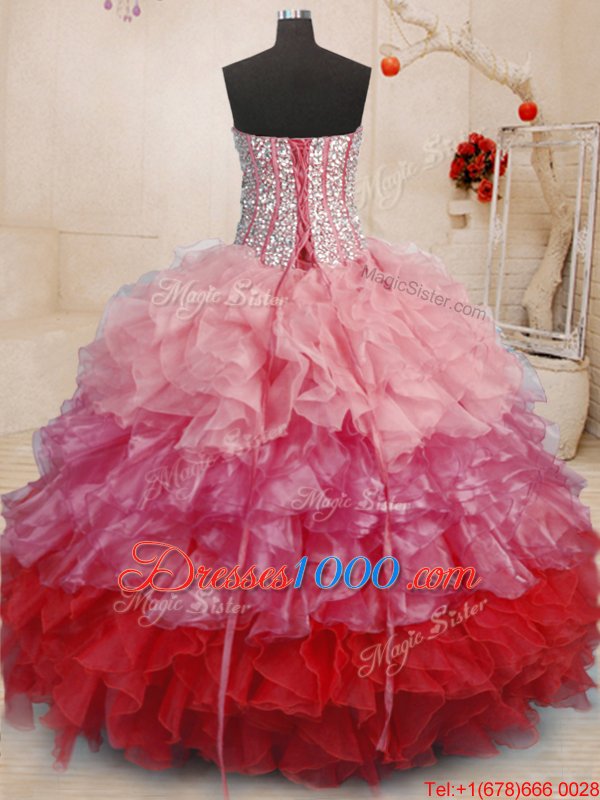 Sleeveless Floor Length Beading and Ruffles Lace Up Quinceanera Dress with Multi-color