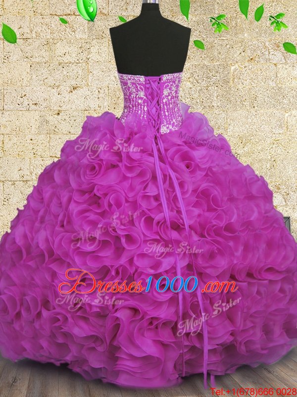 Fuchsia Quinceanera Gowns Military Ball and Sweet 16 and Quinceanera and For with Beading and Ruffles Strapless Sleeveless Lace Up