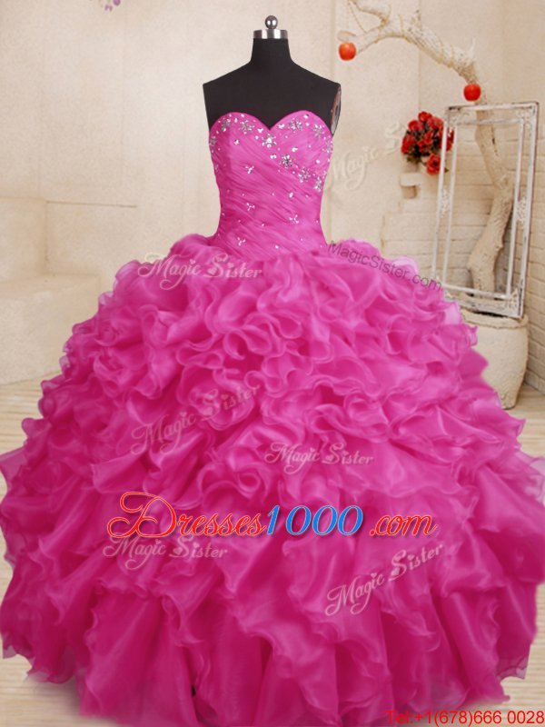Captivating Organza Sleeveless With Train 15 Quinceanera Dress Brush Train and Beading and Ruffles