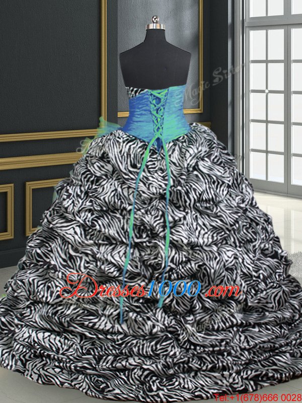 Enchanting Printed Sleeveless Brush Train Beading and Ruffles and Pattern Lace Up Quinceanera Dresses