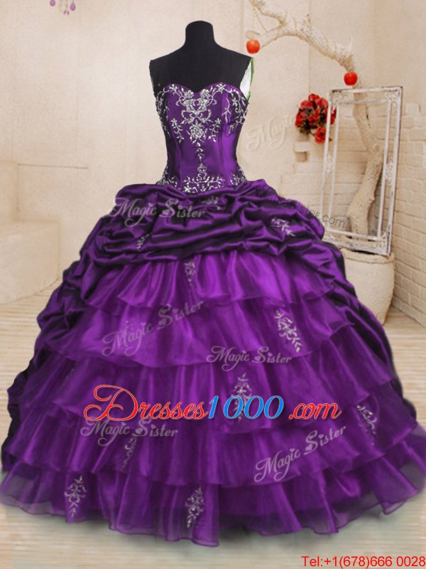 Purple Organza and Taffeta Lace Up Sweetheart Sleeveless With Train Sweet 16 Quinceanera Dress Sweep Train Beading and Appliques and Ruffled Layers and Pick Ups