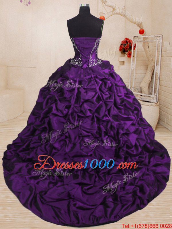 Purple Organza and Taffeta Lace Up Sweetheart Sleeveless With Train Sweet 16 Quinceanera Dress Sweep Train Beading and Appliques and Ruffled Layers and Pick Ups