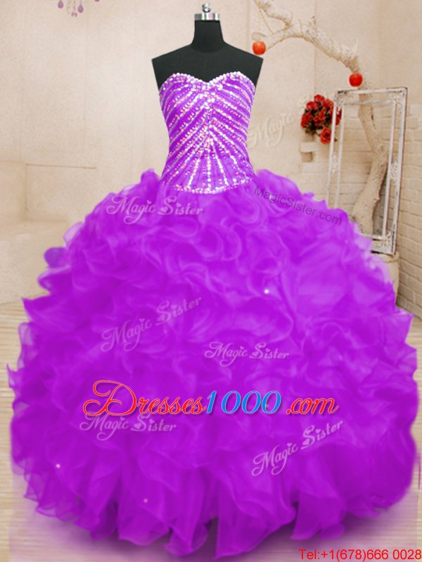 High Quality Sequins Purple Sleeveless Organza Lace Up Sweet 16 Dress for Sweet 16 and Quinceanera