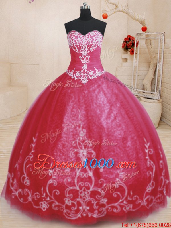 Eye-catching Floor Length Red Vestidos de Quinceanera Tulle Sleeveless Beading and Embroidery