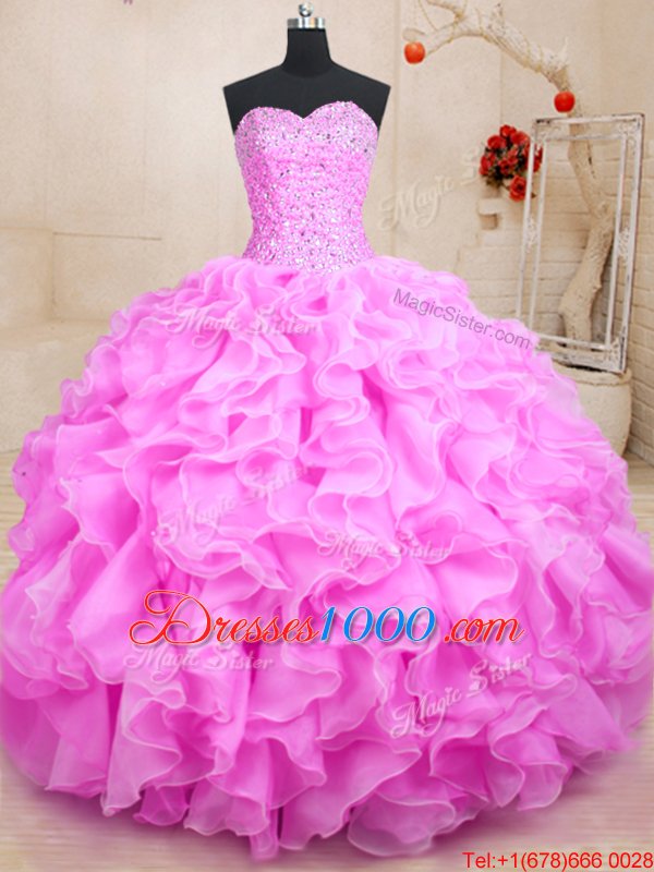 Sweetheart Sleeveless Quinceanera Gown Floor Length Beading and Ruffles Rose Pink Organza