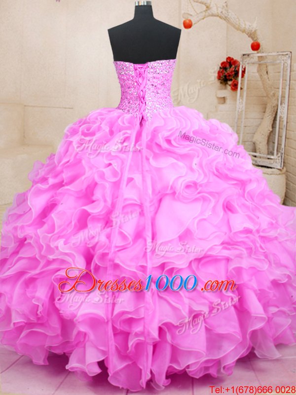 Sweetheart Sleeveless Quinceanera Gown Floor Length Beading and Ruffles Rose Pink Organza