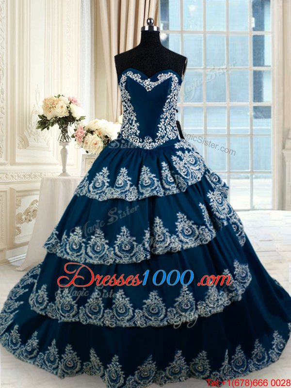 Cheap Navy Blue Taffeta Lace Up Quinceanera Gowns Sleeveless With Train Court Train Beading and Appliques and Ruffled Layers