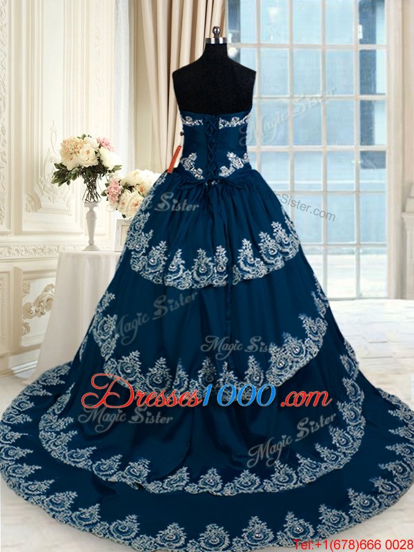 Cheap Navy Blue Taffeta Lace Up Quinceanera Gowns Sleeveless With Train Court Train Beading and Appliques and Ruffled Layers