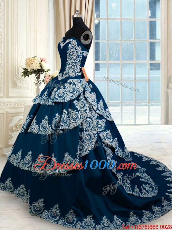 Cheap Navy Blue Taffeta Lace Up Quinceanera Gowns Sleeveless With Train Court Train Beading and Appliques and Ruffled Layers