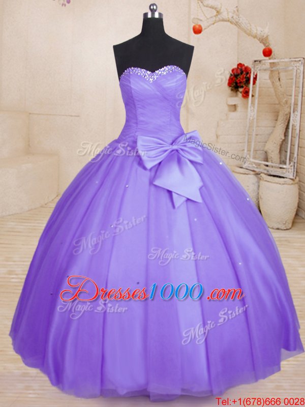 Lavender Sweet 16 Dress Military Ball and Sweet 16 and Quinceanera and For with Beading and Bowknot Sweetheart Sleeveless Lace Up