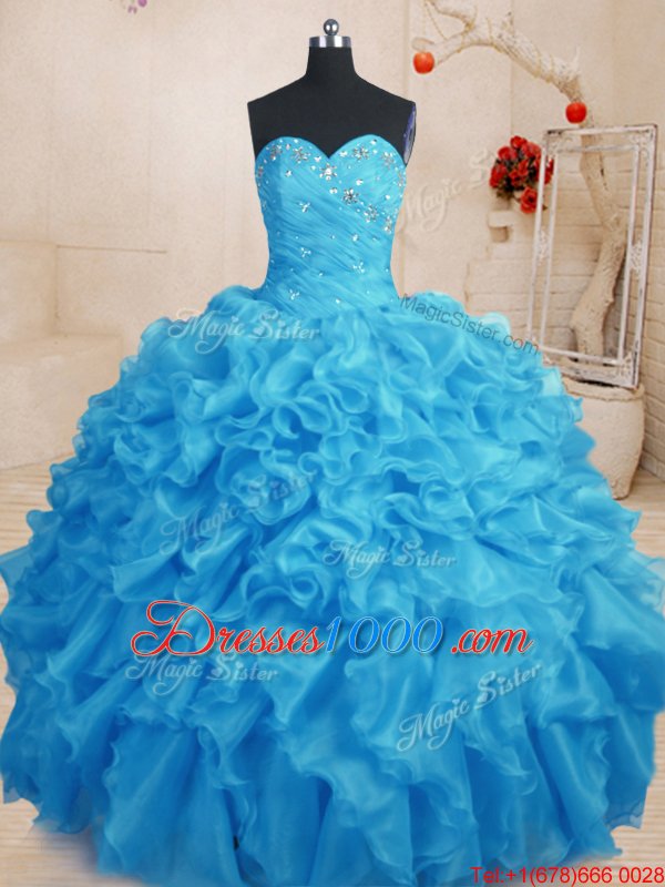 Baby Blue Sleeveless Floor Length Beading and Ruffles Lace Up Quinceanera Gowns