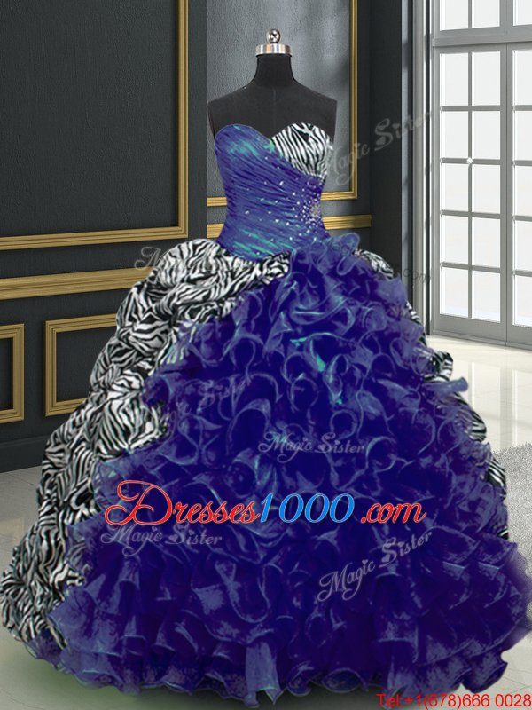 Fabulous Printed With Train Lace Up Quinceanera Dresses Blue and In for Military Ball and Sweet 16 and Quinceanera with Beading and Ruffles and Pattern